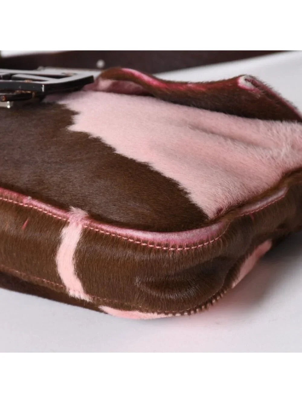 Fendi Mamma Baguette Calf Hair Leather Shoulder Bag Pink Brown Silver